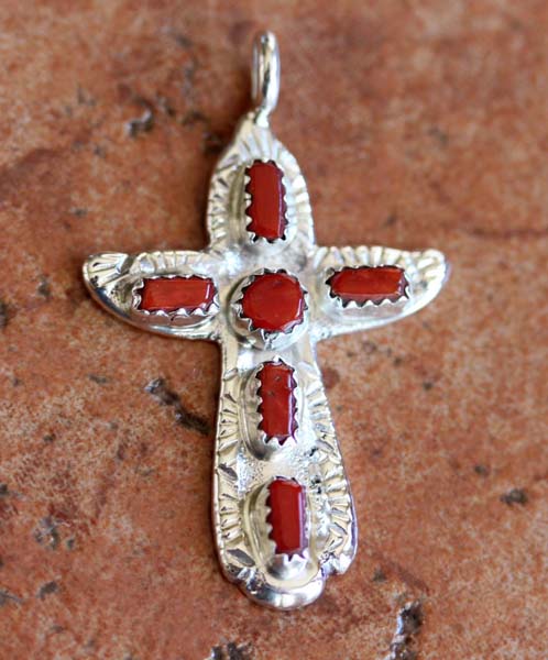 Navajo Coral Cross Pendant by C IULE