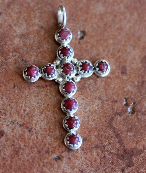 Navajo Sterling Coral Cross Pendant