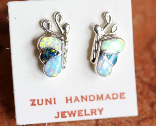 Zuni Silver Created Opal Butterfly Earrings