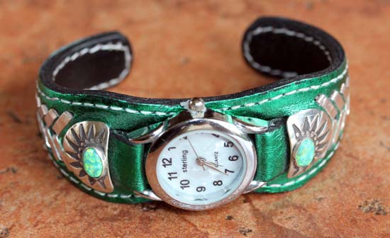 Navajo Green Leather Women's Watch Bracelet