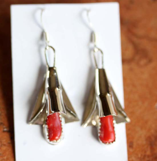 Navajo Silver Coral Earrings by L Yazzie