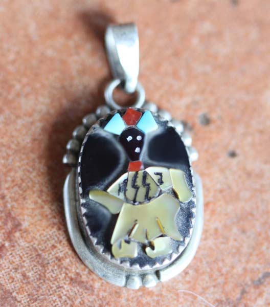 Zuni Raised Inlay Silver Pendant Abeita Calavaza