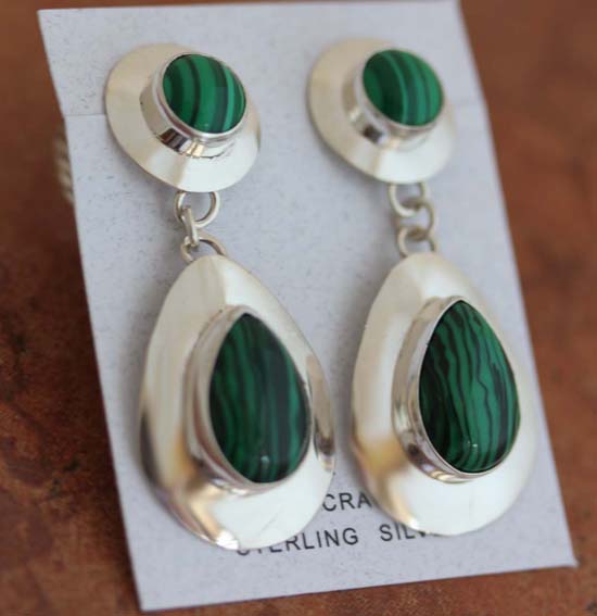 Navajo Malachite Tear Drop Earrings by Nancy Wilson