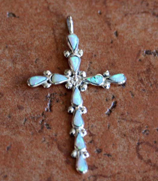 Navajo Sterling Silver Created Opal Cross Pendant