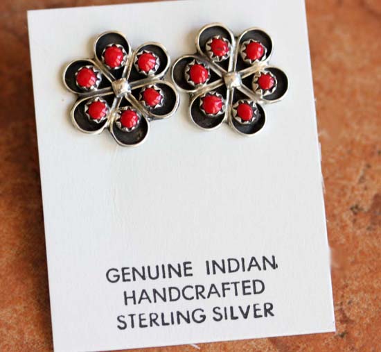 Zuni Silver Coral Cross Earrings