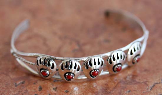 Navajo Sterling Silver Coral Bear Paw Bracelet