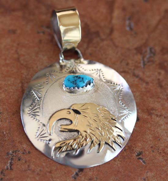 Navajo Sterling Gold Overlay Turquoise Eagle Pendant