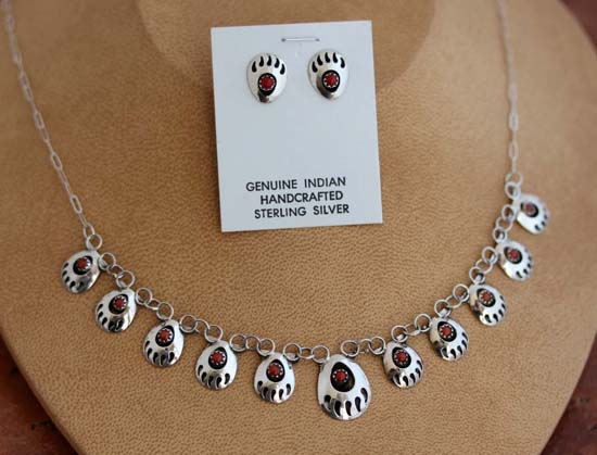 Navajo Coral Bear Paw Necklace and Earrings Set