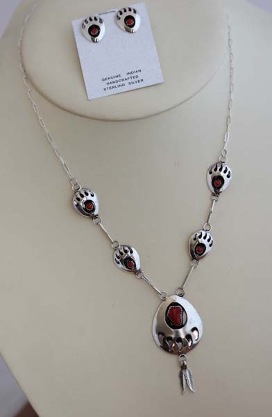 Navajo Coral Bear Paw Necklace and Earrings Set