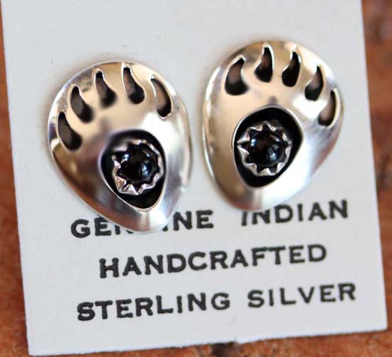 Navajo Silver Onyx Bear Paw Earrings