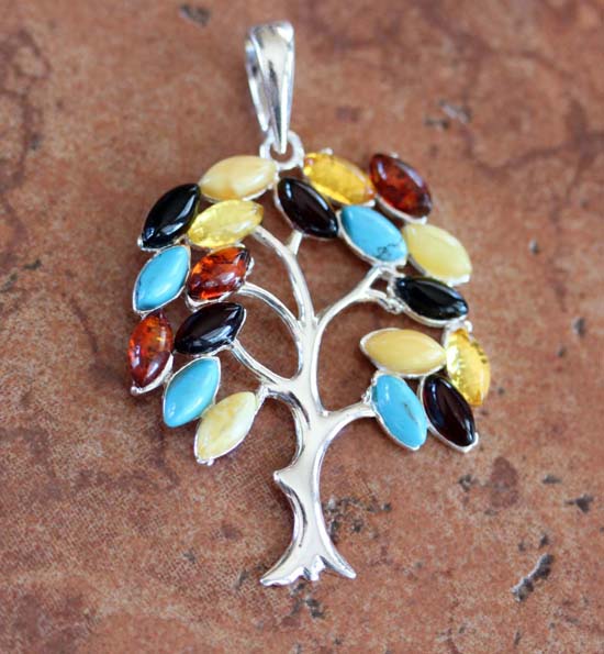 Sterling Silver Baltic Amber Turquoise Tree Pendant