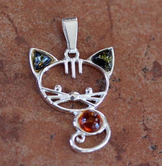 Sterling Silver Baltic Amber Cat Pendant