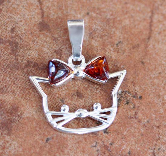 Sterling Silver Baltic Amber Cat Pendant