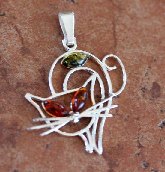 Sterling Silver Baltic Amber Cat Pendant