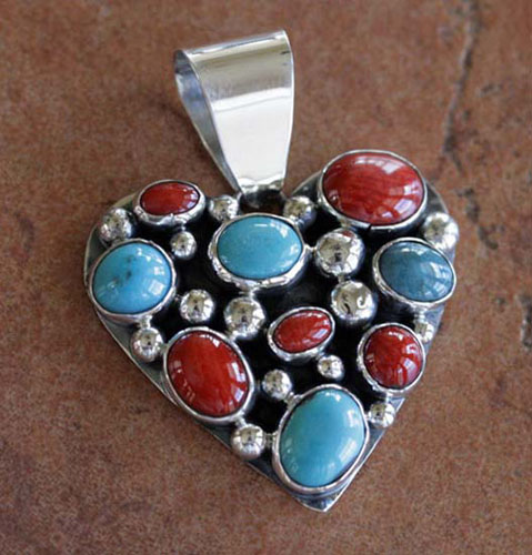 Nakai Navajo Indian Silver Multi_Stone Heart Pendant