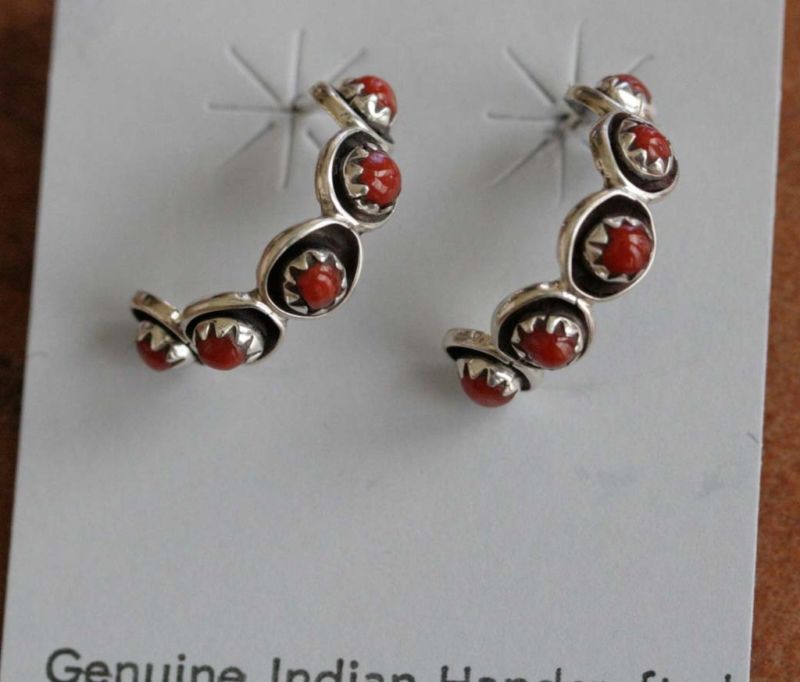 Navajo Handmade Sterling Silver Coral Hoop Earrings