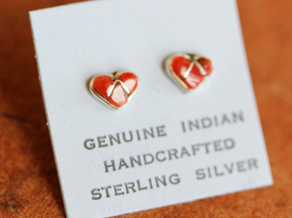 Navajo Coral Heart Earrings by Weebothee