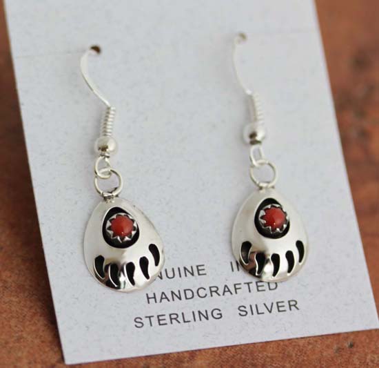 Navajo Coral Bear Paw Earrings