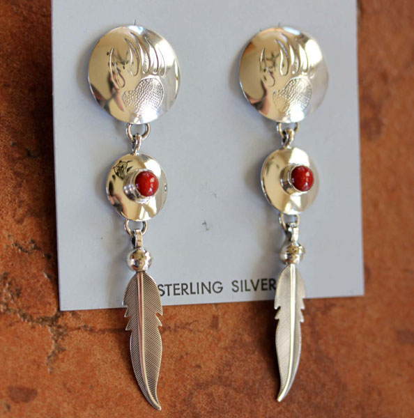 Navajo Sterling Coral Bear Paw Earrings by Nakai