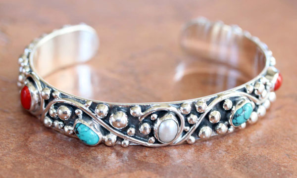 Navajo Sterling Silver Multi_Stone Bracelet by Nakai