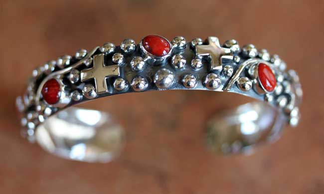 Navajo Indian Sterling Natural Coral Bracelet by Nakai