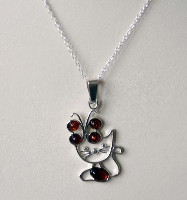 Sterling Silver Baltic Amber Cat Necklace